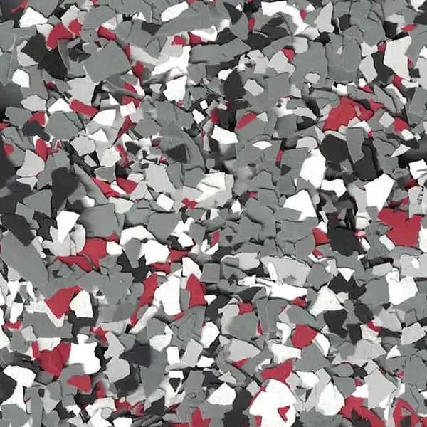 A textured pattern of gray, black, white, and red irregularly shaped pieces, resembling a mosaic or camouflage design.