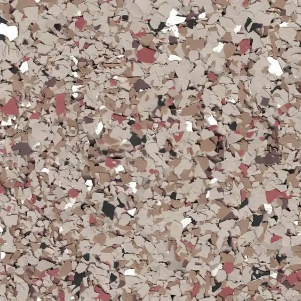 Close-up image showing an abstract arrangement of multicolored confetti-like pieces in various shades of brown, beige, and red.